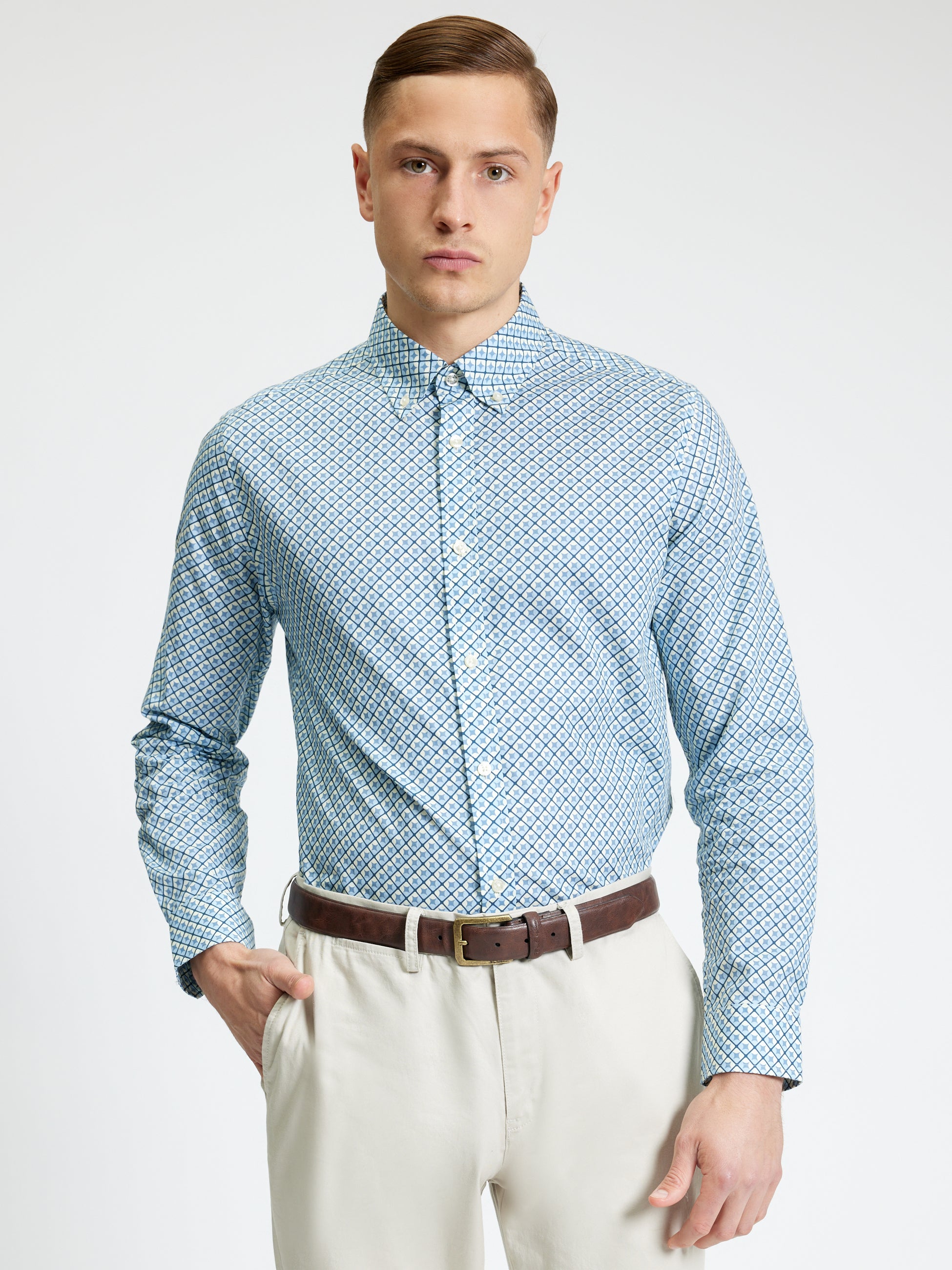 Split Geo Print Shirt POWDER BLUE
