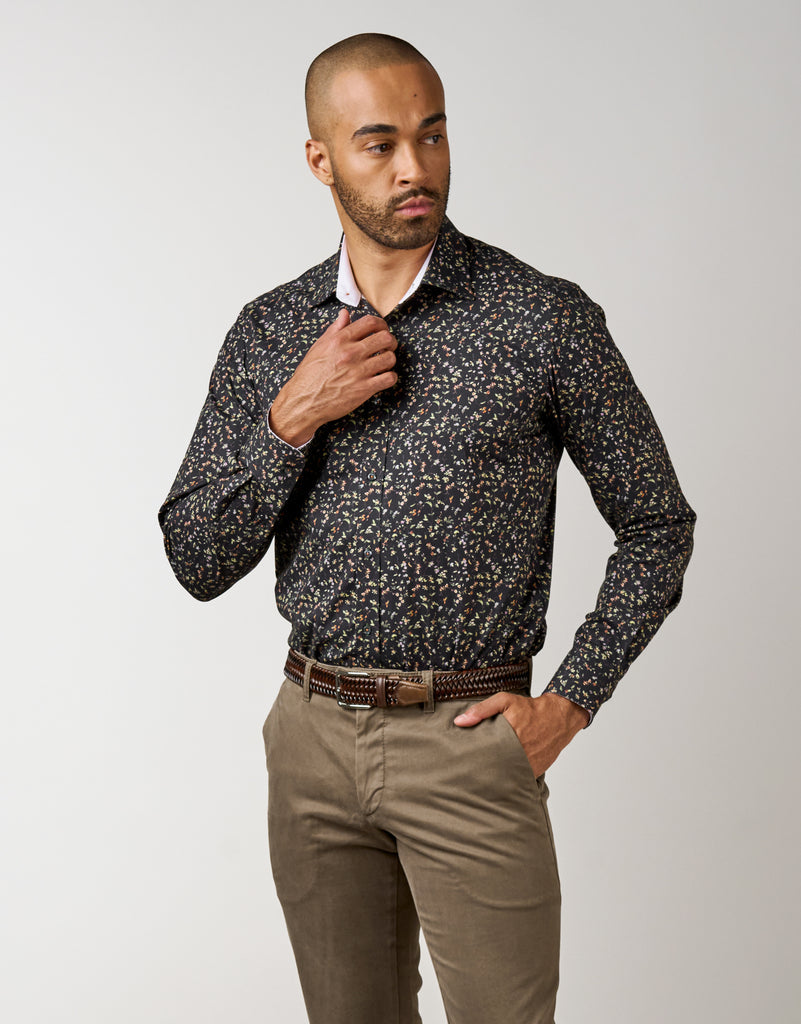 Barbican Black Micro-Floral Print Shirt